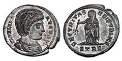 Roman Imperial Coins HELENA, mother of Constantine I, 307-337 AD. Silvered Æ Follis (3.17 gm) of Trier, 327/8. Diademed draped bust / Securitas standing holding branch. RIC.508. Mint, brown patina.