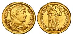 Roman Imperial Coins VALENTINIAN I, 364-375 AD. Gold Solidus (4.39 gm) of Antioch. Diademed bust / Emperor standing holding standard and victory on globe. RIC.2a. VF.