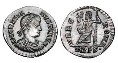 Roman Imperial Coins GRATIAN, 367-383 AD. AR Siliqua (2.18 gm) of Trier, 375-379. Diademed draped cuirassed bust / Roma seated on cuirass holding Victory and sceptre. RIC.46b.1. Toned Mint. ex E. Harp