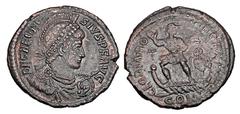 Roman Imperial Coins THEODOSIUS I, 379-395 AD. Æ Centenionalis (5.48 gm) of Constantinople, 383-88. Helmeted draped cuirassed bust holding spear and shield in front/ Emperor standing, raising hand in 