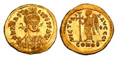 Byzantine Coins BYZANTINE EMPIRE. Anastasius I, 491-518 AD. Gold Solidus (4.50 gm) of Constantinople. 3/4 facing helmeted bust right / Victory standing left. S.5. Near Mint.
