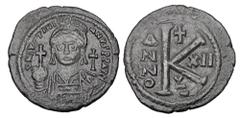 Byzantine Coins BYZANTINE EMPIRE. Justinian I, 527-565 AD. Æ Half Follis (11.77 gm) of Kyzikos, yr. 12. Facing armoured bust with orb and shield, cross in field / Large K. S.208. VF+, green black pati