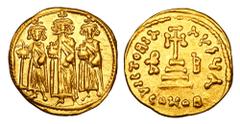 Byzantine Coins BYZANTINE EMPIRE. Heraklios, 610-641 AD. Gold Solidus (4.42 gm) of Constantinople. Emperor standing between both sons / Cross on three steps. S.767. XF. Clear faces on all figures.