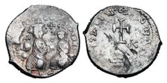 Byzantine Coins BYZANTINE EMPIRE. Heraklios, 610-641 AD. AR Hexagram (6.66 gm) of Constantinople. Emperor & son enthroned / Cross on steps. S.798. Toned VF, overstruck.