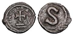 Byzantine Coins BYZANTINE EMPIRE. Heraklios, 610-641 AD. Æ 6 Nummi (2.15 gm) of Alexandria. Cross on steps / Large S. S.862. VF+, brown black patina. ex Hoffman collection.