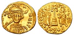 Byzantine Coins BYZANTINE EMPIRE. Constantine IV, 668-685 AD. Gold Solidus (4.20 gm) of Constantinople. Helmeted bust 3/4 facing right / Cross between Heraklios & Tiberios. S.1153. aXF.