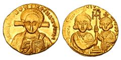 Byzantine Coins BYZANTINE EMPIRE. Justinian II, second reign, 705-711 AD. Gold Solidus (4.37 gm) of Constantinople. Young bust of Christ facing / Cross between emperor & son. S.1415. Mint. Scarce.