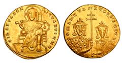 Byzantine Coins BYZANTINE EMPIRE. Romanos I & Christopher, 921-931 AD. Gold Solidus (4.31 gm) of Constantinople. Christ enthroned / Cross between emperors. S.1745. aXF. Rare issue with Christopher.