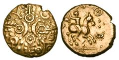 Celtic CELTIC BRITAIN, Catuvellauni. Tasciovanus, 25-10 BC. Gold Stater (5.40 gm). Crossed wreaths with crescents at center / Mounted warrior holding carnyx, wheel and crescent before. ABC,2565. VA.17