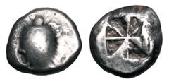 Greek AIGINA. 550-525 BC. AR Stater (12.16 gm). Sea turtle raised line (a precursor to dots) on the crest a smooth shell / Square incuse of deep proto "union jack" pattern of 8 triangle with 2 raised 