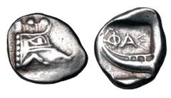Greek LYCIA, Phaselis. 500-440 BC. AR Tetrobol (3.50 gm). Prow of galley in the form of a forepart of a boar / Stern of galley in incuse square. SNG.vAulock.4394. Toned VF.