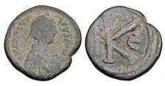 Byzantine BYZANTINE EMPIRE. Anastasius I, 491-518 AD. AE Half Follis (4.73 gm) of Constantinople, off E. Diademed draped bust / Large K with Latin cross. S.25v. aVF, earthy green patina.