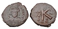 Byzantine BYZANTINE EMPIRE. Maurice Tiberius, 582-602 AD. AE Half-Follis (4.64 gm) of Constantinople, year 6, E Crowned bust / Large K. S.497. VF, olive brown patina.
