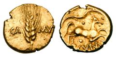 Celtic Coins CELTIC BRITAIN. TRINOVANTES. Cunobelin, 10-43 AD. Gold Stater (5.32 gm) Grain-ear between CA MV / Celticized horse, branch above. S.286. ABC.2786. vArd.2010. Toned aXF.