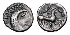 Celtic Coins CELTIC BRITAIN, Iceni. Queen Boudicca, 61 AD. AR Unit (1.11 gm), Icenian class O. Celticized head / Celticized horse prancing. S.434. vArd.790. Toned VF.
