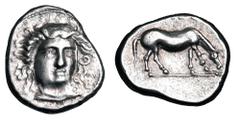 Greek Coins THESSALY, Larissa. 405-370 BC. AR Drachm (6.21 gm). Head of nymph Larissa 3/4 facing right, SIMO above / Horse grazing right. BCD.196. VF+. Rare with signature.