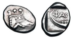 Greek Coins LYCIA, Phaselis. 500-440 BC. AR Tetrobol (3.49 gm). Prow of galley in the form of a forepart of a boar / Stern of galley in incuse square. SNG.vAulock.4394. Toned VF.