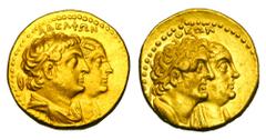 Greek Coins PTOLEMAIC KINGDOM. Ptolemy II, 265-246 BC. Gold Half Mnaieion (Tetradrachm) (13.83 gm) . Jugate busts of Ptolemy I & Bernike I / Jugate busts of Ptolemy II & Arsinöe II. SNG.Cop.133. Svor.
