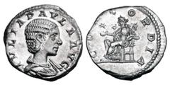 Roman Imperial Coins JULIA PAULA, first wife of Elagabalus, 219 AD. AR Denarius (3.27 gm). Draped bust / Concordia seated holding patera, star. RIC.211(S). Toned Near Mint. Scarce.