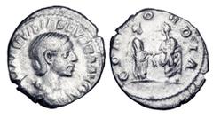 Roman Imperial Coins AQUILIA SEVERA, second wife of Elagabalus, 220 AD. AR Denarius (2.98 gm). Draped bust / Aquilia and Elagabalus clasping hands. RIC.228. RSC.6. VF.