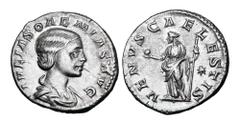 Roman Imperial Coins JULIA SOAEMIAS, mother of Elagabalus, d. 222 AD. AR Denarius (3.53 gm). Draped bust / Venus standing holding apple and scepter. RSC.8b. RIC.241. Toned aXF.