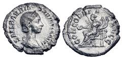 Roman Imperial Coins ORBIANA, wife of Severus Alexander, 222-235 AD. AR Denarius (2.83 gm), 225 AD. Draped bust / Concordia seated holding patera and cornucopiae. RIC.319. RSC.1. Toned aXF, closed fla