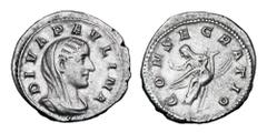 Roman Imperial Coins PAULINA, wife of Maximinus, 235-238 AD. AR Denarius (3.05 gm), posthumous commemorative. Veiled bust / Paulina riding peacock. RIC.2(R2). Toned VF+. Very Rare.