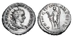 Roman Imperial Coins HOSTILIAN, 251 AD. AR Antoninianus (3.88 gm) of Rome as Caesar, 251. Radiate draped bust / Hostilian holding standard and spear. RIC.182 (S). Toned VF+. Scarce.