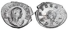 Roman Imperial Coins MARINIANA, wife of Valerian, d. 253 AD. AR Antoninianus (3.28 gm). Veiled bust on crescent / Peacock with tail in splendour. RIC.3(S). Toned VF. Rare.