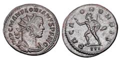 Roman Imperial Coins FLORIANUS, 276 AD. Silvered Æ Antoninianus (4.29 gm) of Lugdunum. Radiate draped bust / Sol standing holding chariot-whip. RIC.7. Toned XF.