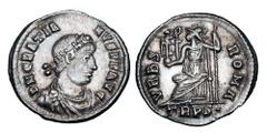 Roman Imperial Coins GRATIAN, 367-383 AD. AR Siliqua (2.10 gm) of Trier. Diademed draped bust / Roma enthroned holding orb and sceptre. RIC.27f. Toned XF