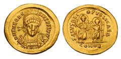 Roman Imperial Coins THEODOSIUS II, 408-450 AD. Gold Solidus (4.35 gm) of Constantinople. Helmeted bust 3/4 facing right / Emperor & Valentinian enthroned. RIC.237. aXF. Rare.