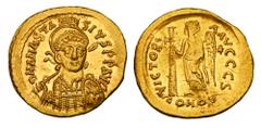 Byzantine Coins BYZANTINE EMPIRE. Anastasios I, 491-518 AD. Gold Solidus (4.42 gm) of Constantinople. Helmeted bust 3/4 facing right / Angel standing left holding cross. S.3. Mint. Scarce.