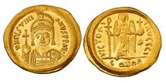 Byzantine Coins BYZANTINE EMPIRE. Justinian I, 527-565 AD. Gold Solidus (4.30 gm) of Constantinople. Crowned bust facing / Angel standing. Sear.140. Near Mint.