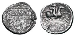 Celtic CELTIC BRITAIN, Catuvellauni. Cunobelin, 10-41 AD. AR Unit (1.20 gm). CVNO BELI in rectangles / Horseman riding. BMC.1862. Toned VF.