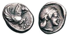 Greek CORINTH. 500-450 BC. AR Hemidrachm (1.30 gm). Forepart of Pegasus with curled wing / Archaic head of Aphrodite right within shallow incuse. BMC.91. BCD.32v (Pegasus left). Toned VF. Scarce. ex C