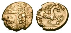 Celtic Coins CELTIC BRITAIN, Catuvellauni. I Century BC. Cassivellannos (?). Gold Stater, Early Whaddon Chase Type. Bar decorated with wheat stalk, wings above / Horse galloping, shield below. Type L.