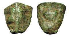 Greek Coins SICILY, Akragas. V Century BC. Æ Trias (11.08 gm), tooth-shaped with flat base. On sides: Head and neck of two eagle, back-to-back / Crab; three pellets on base. Calc. 6. SNG.ANS.1018. VF+