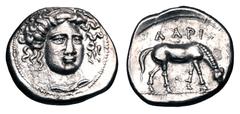 Greek Coins THESSALY, Larissa. 400-350 BC. AR Drachm. (6.11 gm). Three-quarters facing head of the nymph Larissa / Horse grazing. BCD.247. Toned XF. Artistic dies.