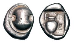 Greek Coins BOEOTIA, Thebes. 425-400 BC. AR Stater (12.16 gm). Boeotian shield in high relief / Amphora in incuse square. BCD.387. Toned VF+. Scarce early issue.