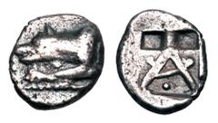 Greek Coins ARGOLIS, Argos. 490-470 BC. AR Triobol (2.89 gm). Forepart of wolf / A over incuse square with two deeper compartments. BCD.1005. Toned aVF. Rare.
