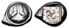 Greek Coins LYCIA. Teththiveibi. 460-425 BC. AR Stater (8.49 gm). Two roosters facing each other standing on a raised circular shield / Tetraskeles with Lycian letters around in dotted square in deep 