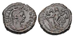 Roman Provincial Coins ROMAN EGYPT. Carinus, as Caesar, 282-283 AD. Potin Tetradrachm (7.58 gm), yr. 1 (282/3). Laureate cuirassed bust / Tyche standing with rudder and cornucopiae. Köln.3172. VF+, br