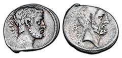 Roman Republican Coins ROMAN REPUBLIC. Q. Caepio Brutus, 54 BC. AR Denarius (3.77 gm). Bare head of Brutus senior / Bare head of Ahala. Junia.30. Cr.433/2. Toned VF. Scarce. Old collection toning with