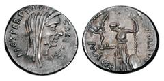 Roman Imperatorial Coins JULIUS CAESAR, died March 15, 44 BC. AR Denarius (4.05 gm), Feb-March 44 BC by P. Sepullius Macer. Laureate and veiled head of Caesar / Venus standing holding Victory and scep