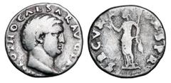Roman Imperial Coins OTHO, 69 AD. AR Denarius (3.12 gm). Bare head / Securitas standing holding wreath and sceptre. RIC.10(R3). Toned aVF. Rare.