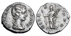 Roman Imperial Coins DIDIA CLARA, daughter of Didius Julianus, 193 AD. AR Denarius (2.38 gm). Draped bust / Hilaritas standing with long palm and cornucopia. RSC.3. RIC.10(R4). VF. Very Rare. Beautifu