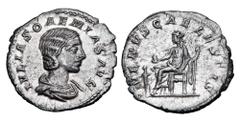 Roman Imperial Coins JULIA SOAEMIAS, mother of Elagabalus, d. 222 AD. AR Denarius (2.59 gm). Draped bust / Venus seated holding apple and sceptre, child in front. RIC.243. Toned XF.