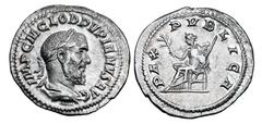 Roman Imperial Coins PUPIENUS, 238 AD. AR Denarius (2.81 gm). Laureate draped bust / Pax seated with branch and sceptre. RSC.22. RIC.4. Toned XF.