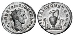Roman Imperial Coins HERENNIUS ETRUSCUS, 251 AD. AR Antoninianus (3.38 gm) of Rome, as Caesar, 250-251 AD. Radiate draped bust / Simpulum, sprinkler, jug, patera and lituus. RSC.14. RIC.143(S). Near M